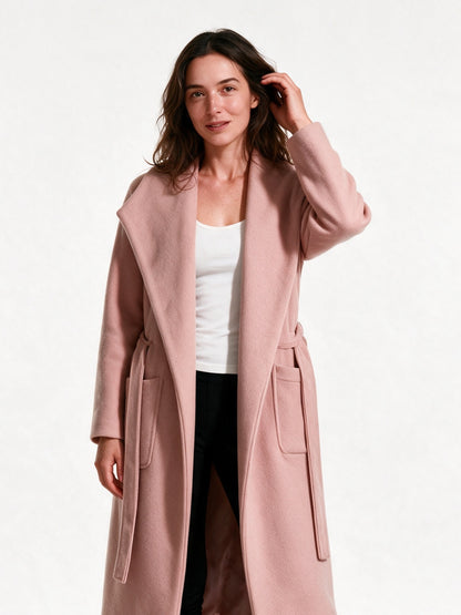 Celine - Women's Long Open Front Belted Coat - Pink