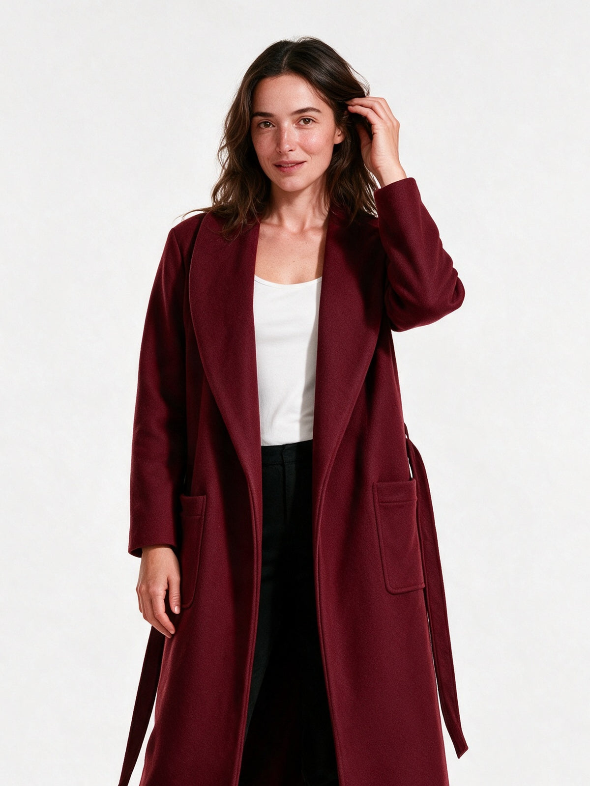 Celine - Women's Long Open Front Belted Coat - Wine