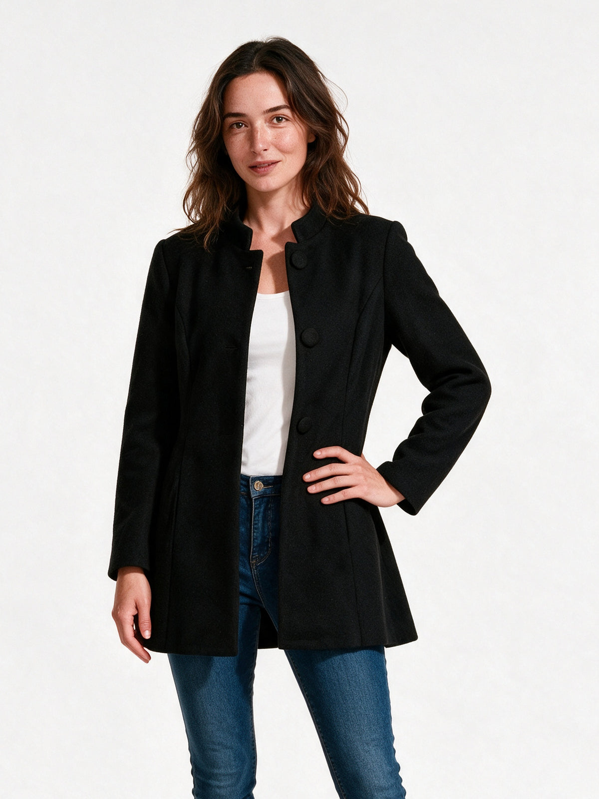 Clara - Women's Stand Collar Button Front Coat - Black