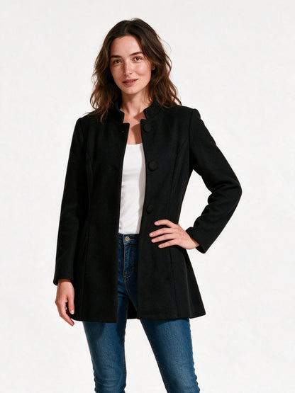 Clara - Women's Stand Collar Button Front Coat - Black