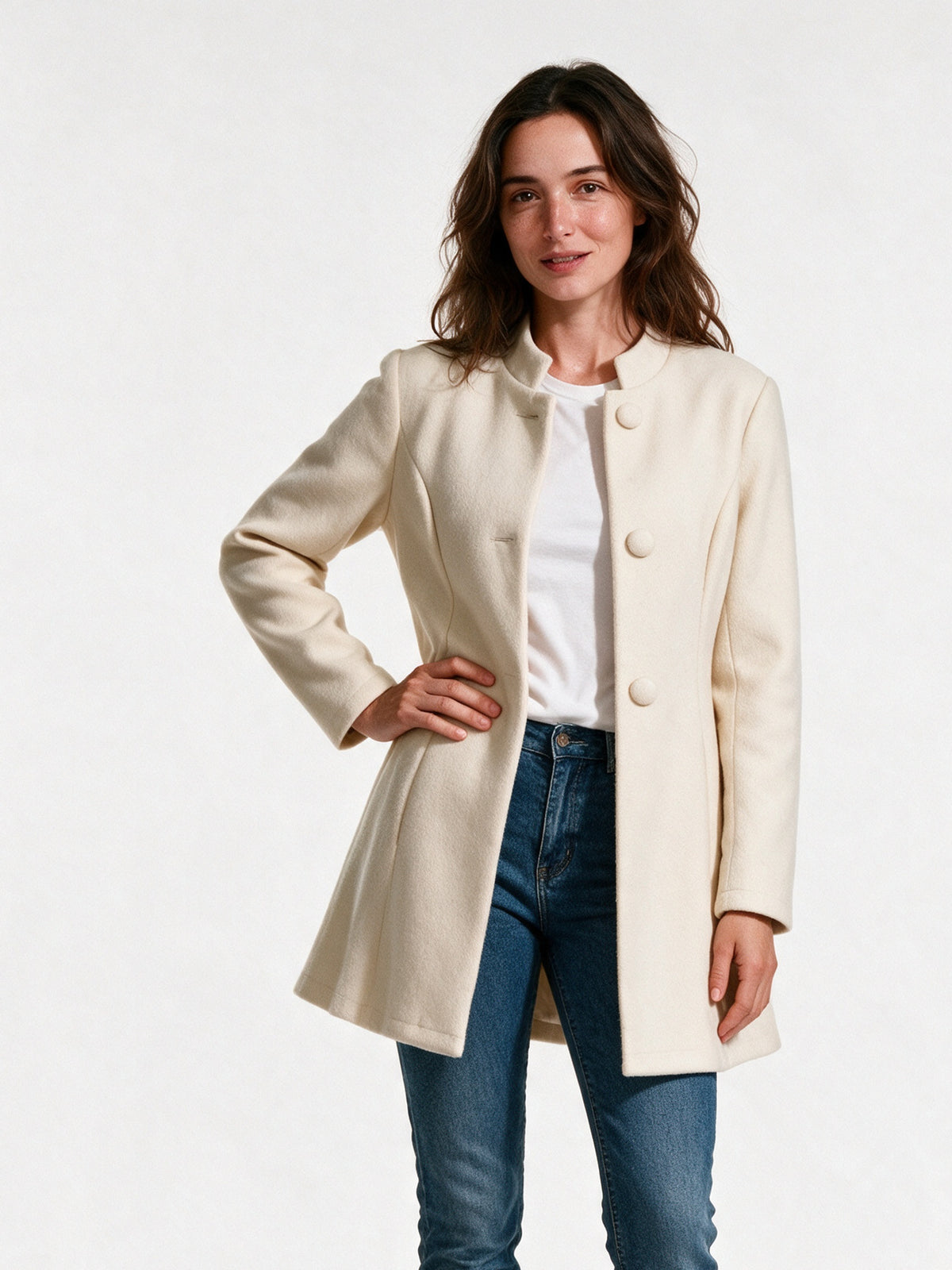 Clara - Women's Stand Collar Button Front Coat - Cream