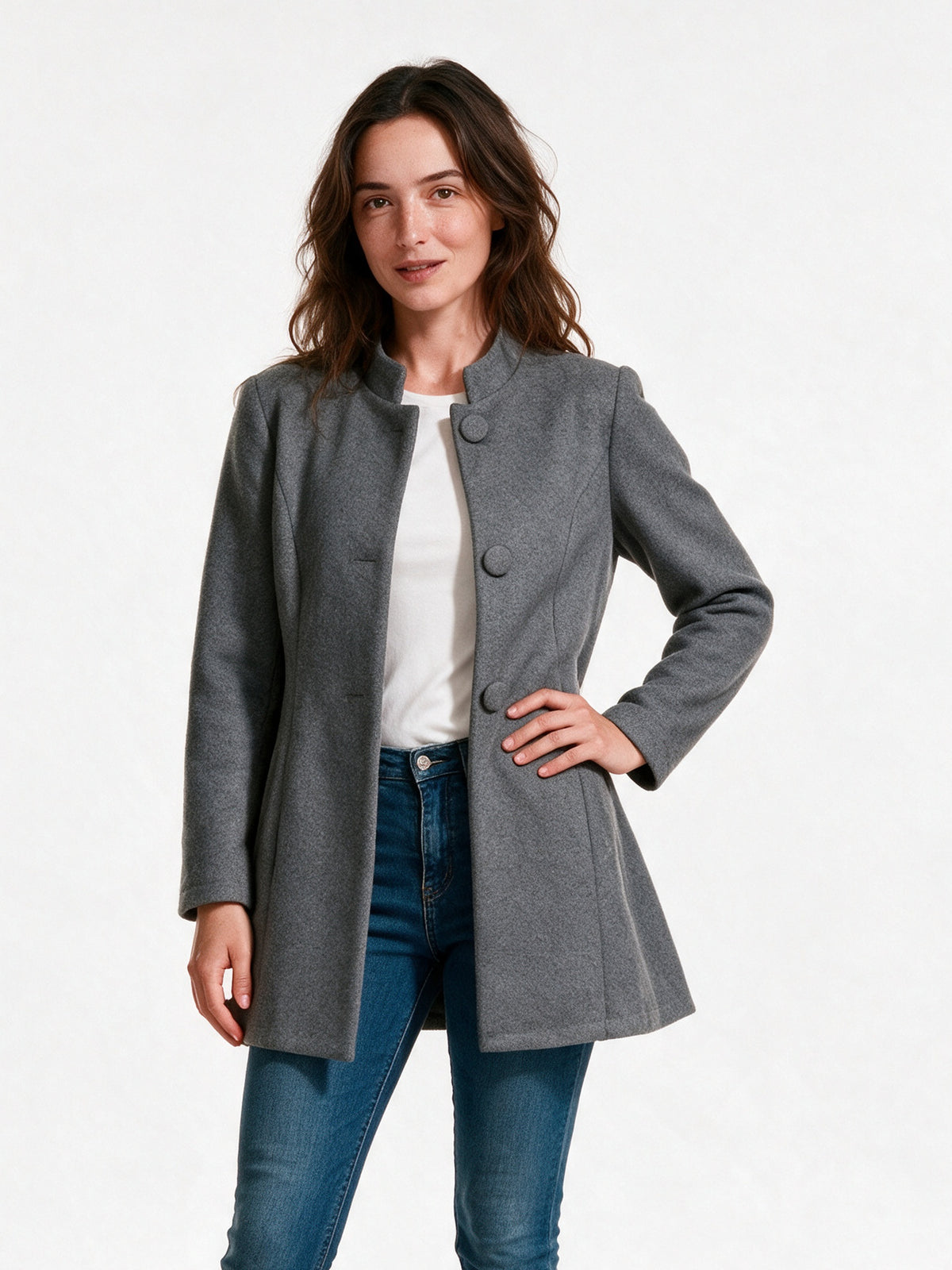 Clara - Women's Stand Collar Button Front Coat - Gray