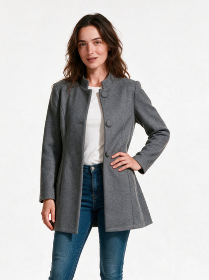 Clara - Women's Stand Collar Button Front Coat - Gray