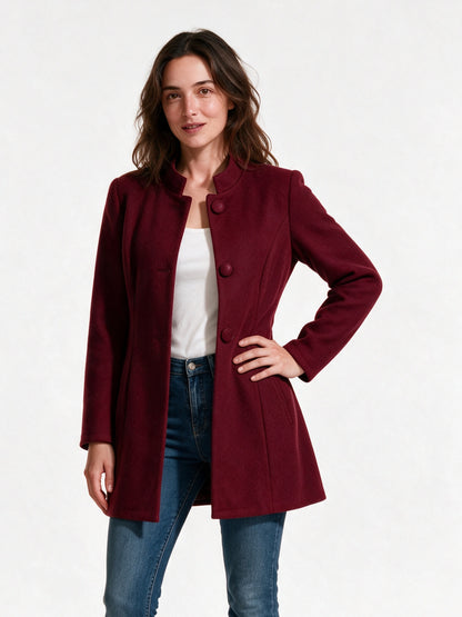 Clara - Women's Stand Collar Button Front Coat - Red