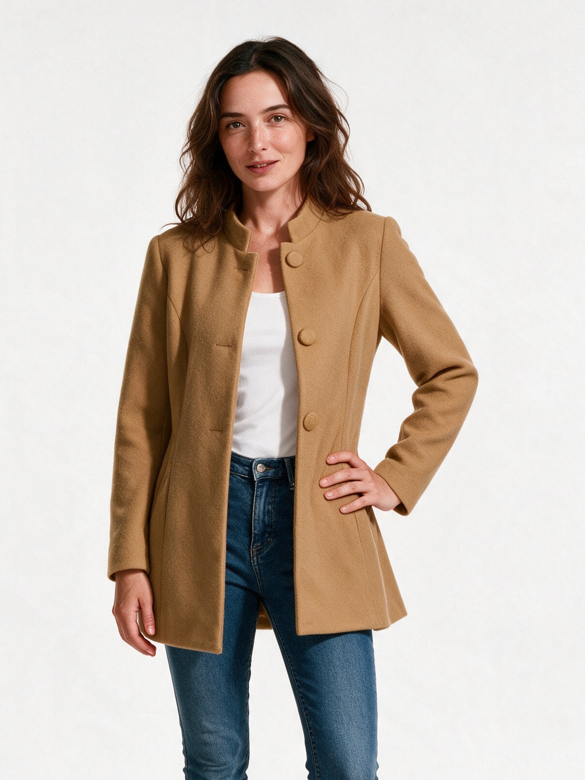 Clara - Women's Stand Collar Button Front Coat - view 1