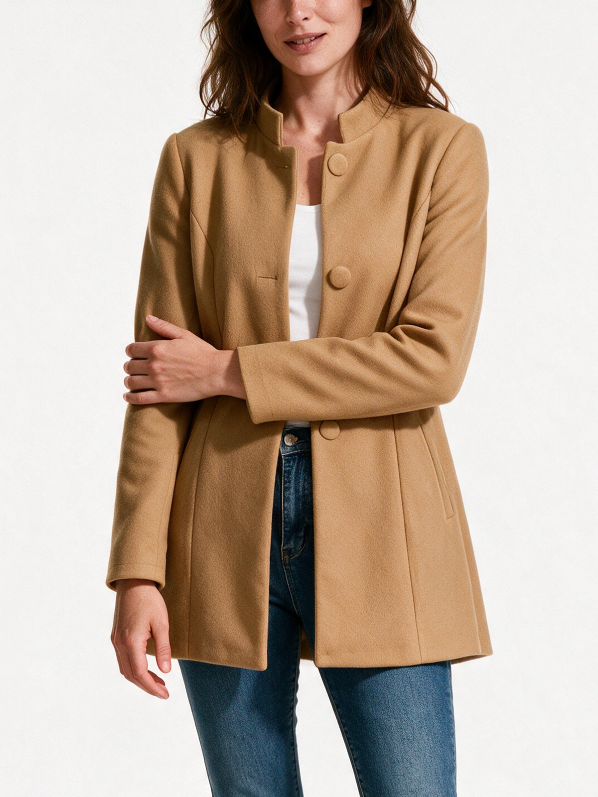 Clara - Women's Stand Collar Button Front Coat - view 3