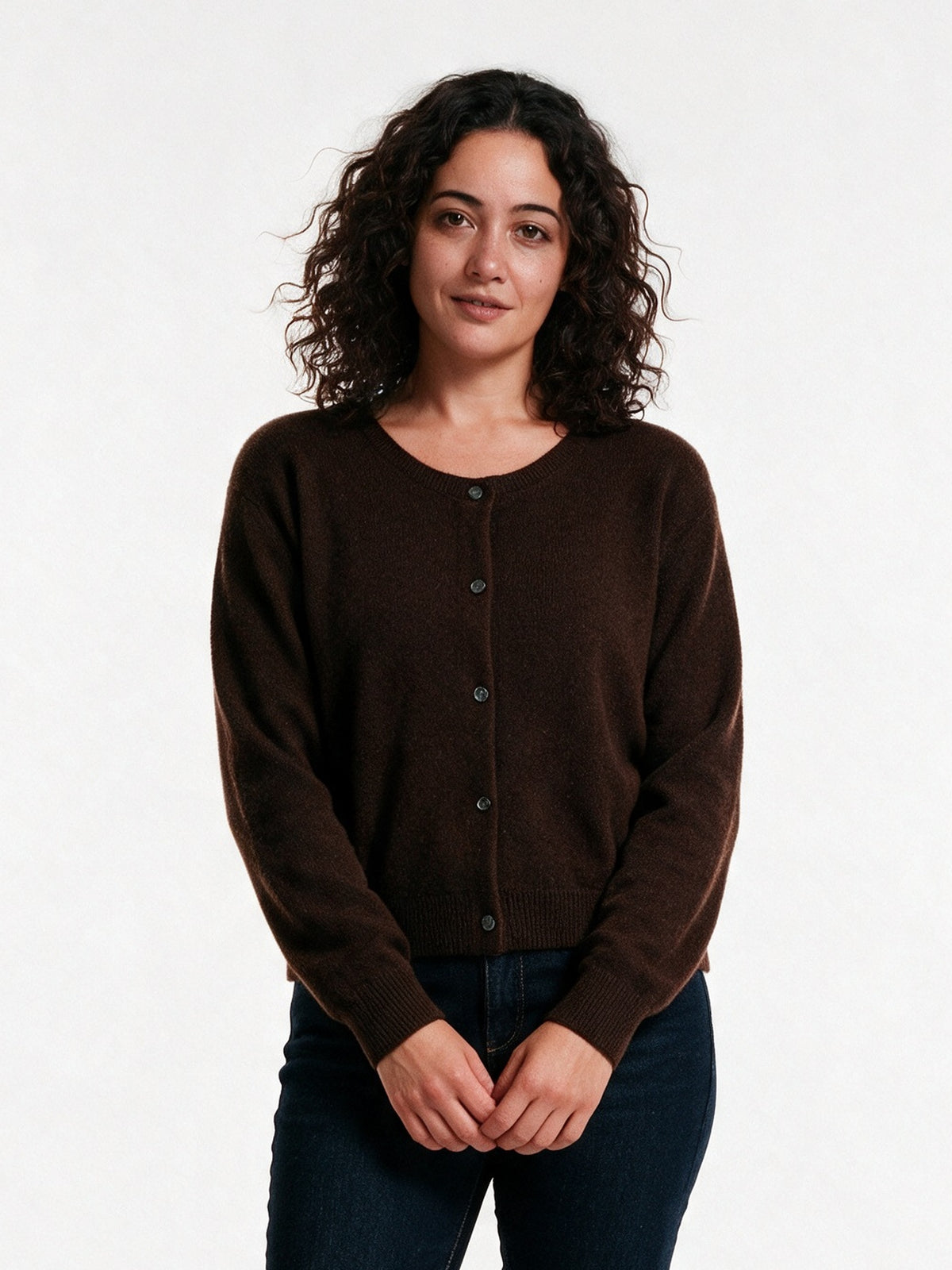 Clemence - Women's Fine Knit Button-Up Cardigan - Chocolate