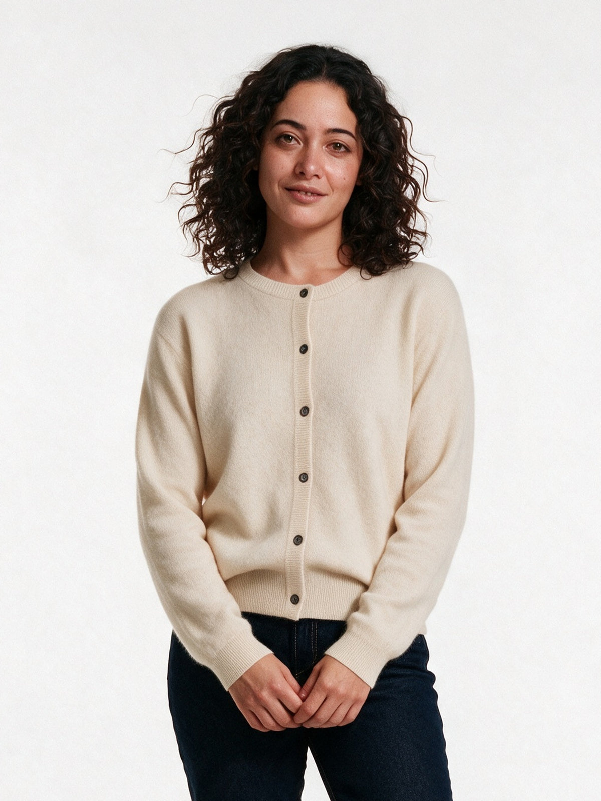 Clemence - Women's Fine Knit Button-Up Cardigan - Cream