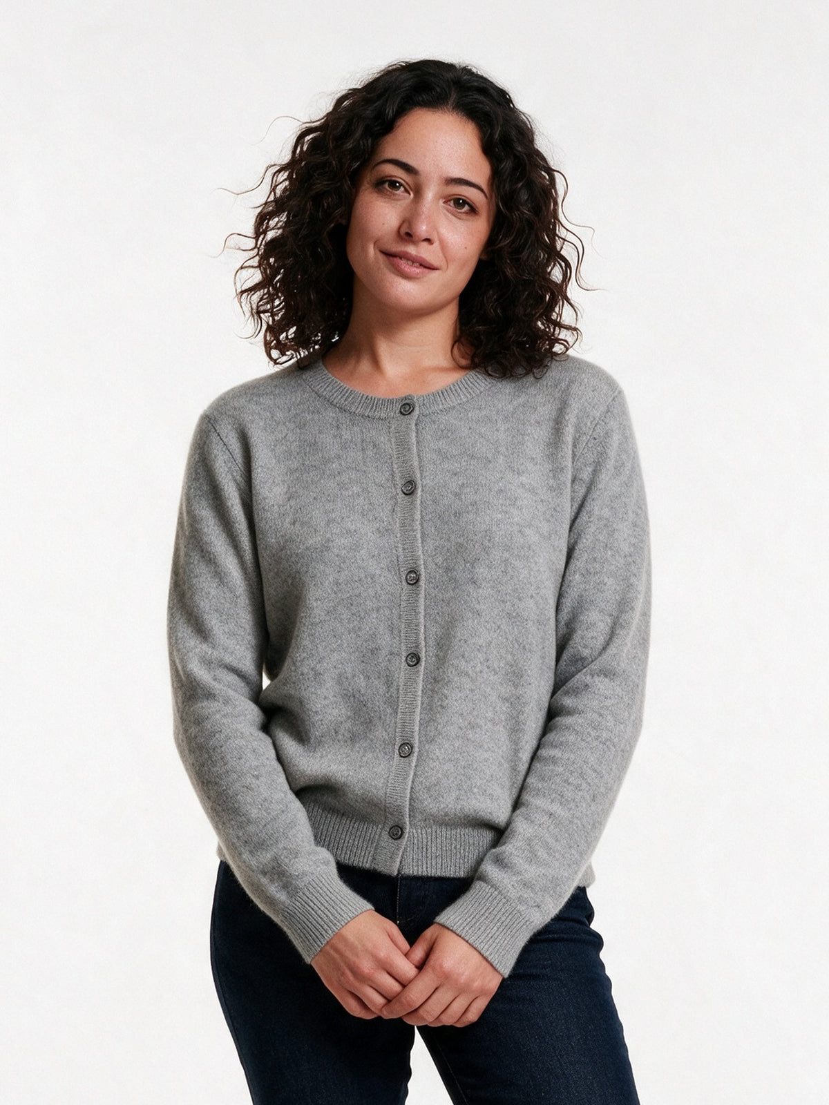 Clemence - Women's Fine Knit Button-Up Cardigan - Light Grey
