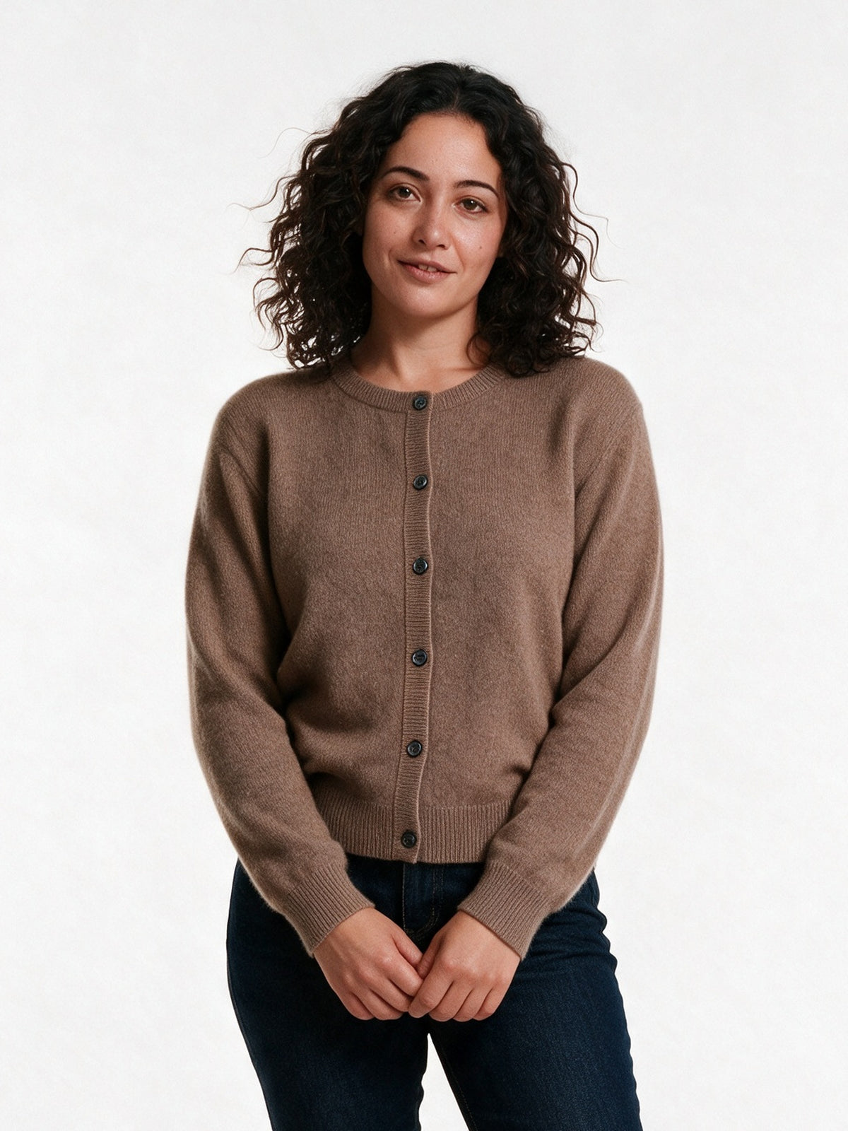 Clemence - Women's Fine Knit Button-Up Cardigan - Mocha