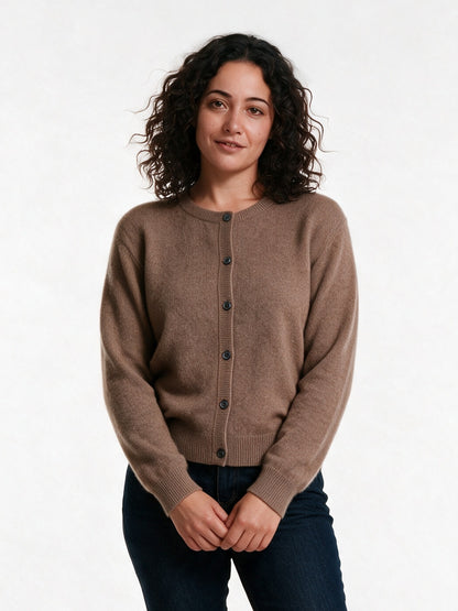 Clemence - Women's Fine Knit Button-Up Cardigan - Mocha