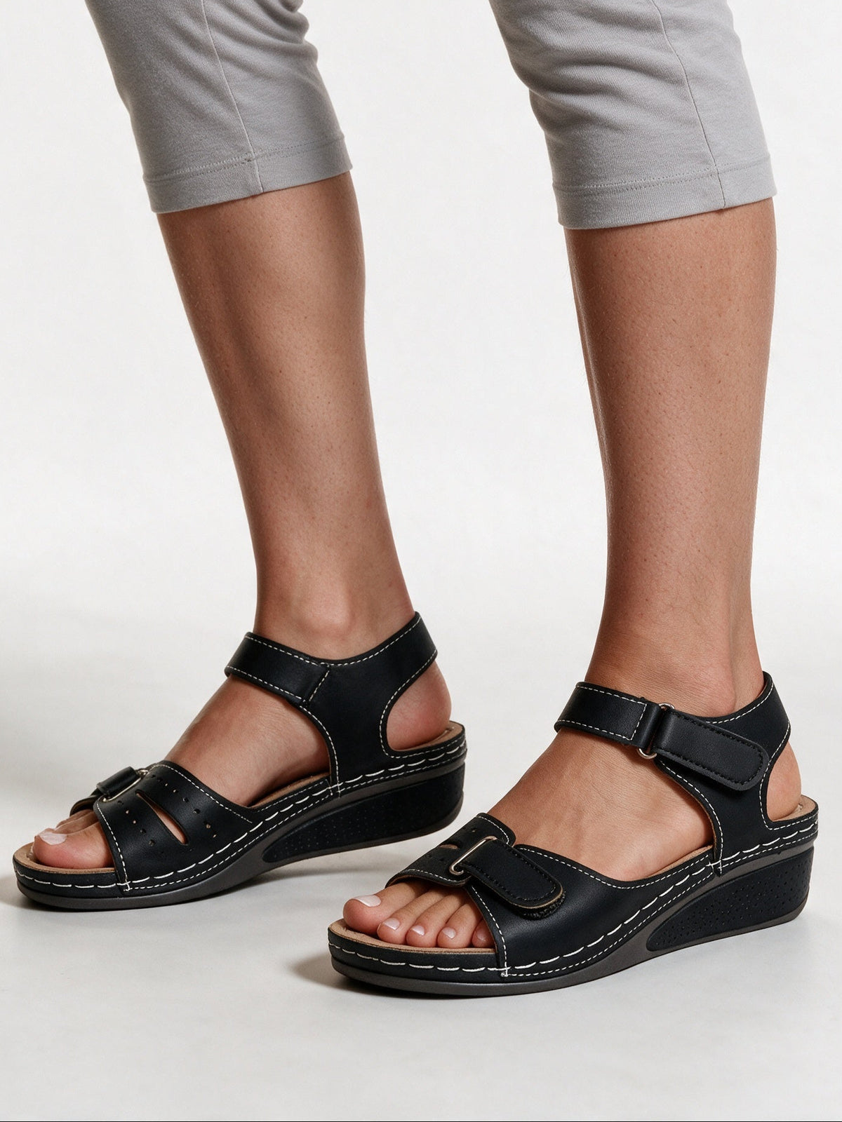 Crystal - Adjustable Strap Wedge Sandals for Women - Black