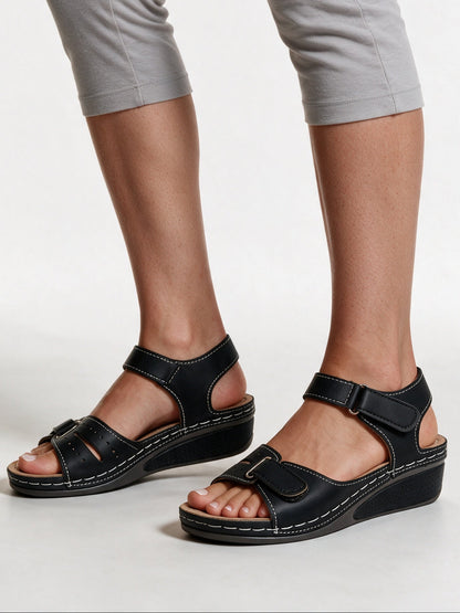 Crystal - Adjustable Strap Wedge Sandals for Women - Black