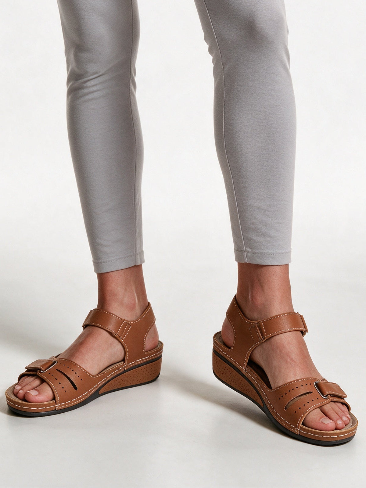 Crystal - Adjustable Strap Wedge Sandals for Women - Brown