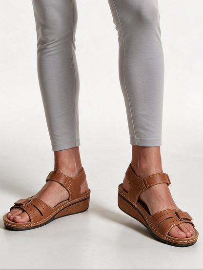 Crystal - Adjustable Strap Wedge Sandals for Women - Brown