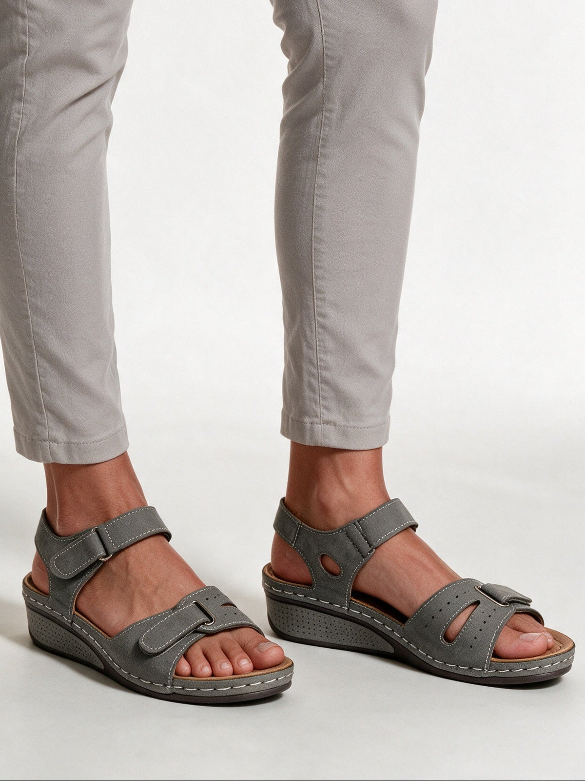 Crystal - Adjustable Strap Wedge Sandals for Women - Gray