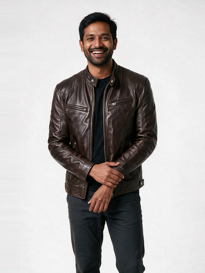 Dante - Men's Stand Collar Zip Biker Jacket - Dark Brown