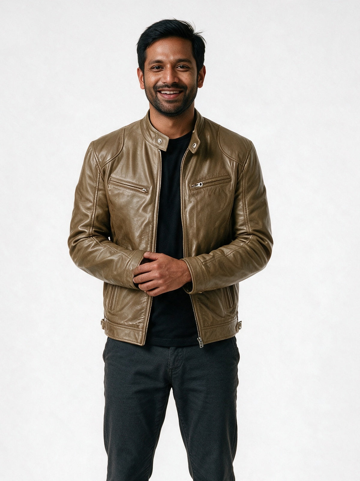 Dante - Men's Stand Collar Zip Biker Jacket - Tan