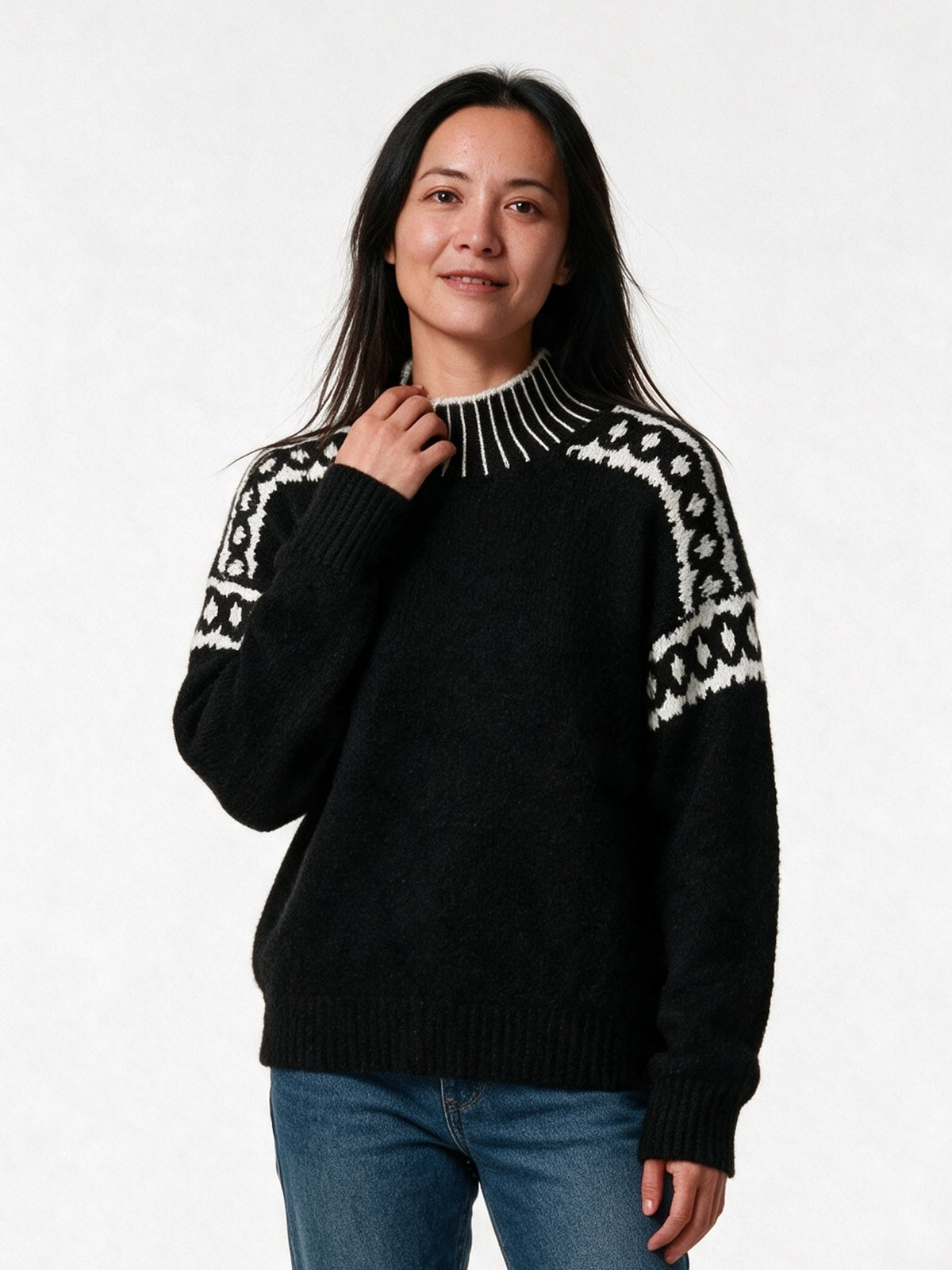 Edda - Women's Patterned Shoulder Mock Neck Sweater - Black