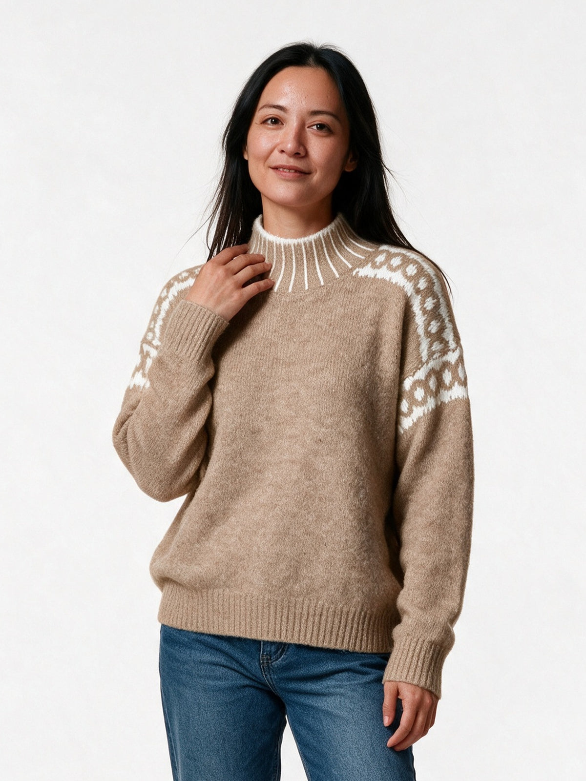 Edda - Women's Patterned Shoulder Mock Neck Sweater - Taupe