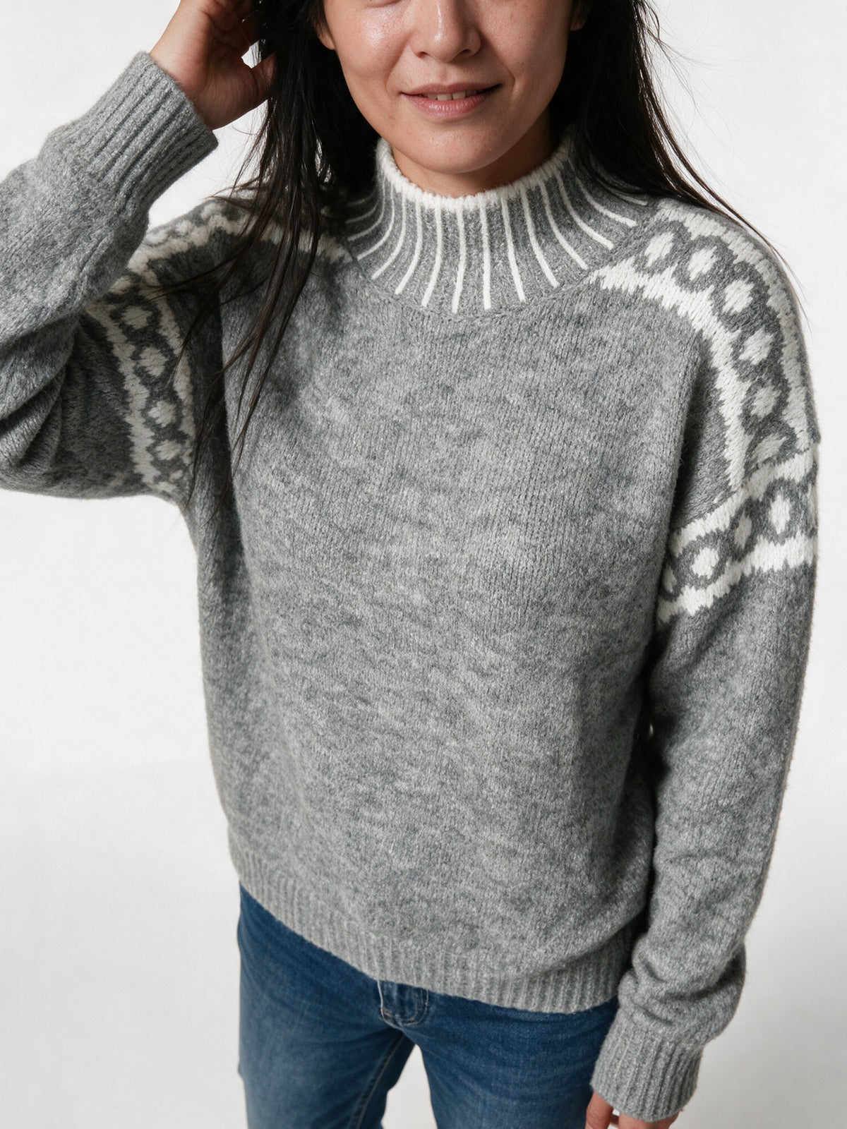 Edda - Women's Patterned Shoulder Mock Neck Sweater - view 3