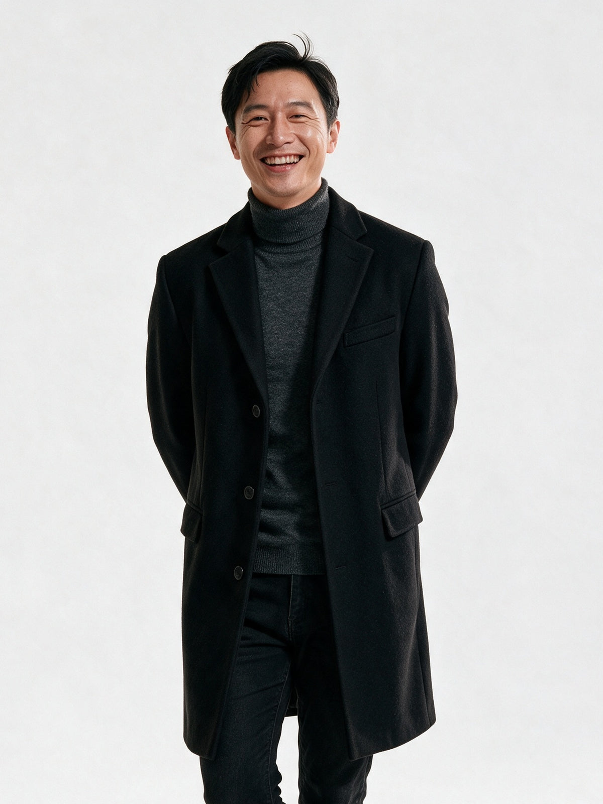 Edmund - Men's Single Breasted Notch Lapel Long Coat - Black