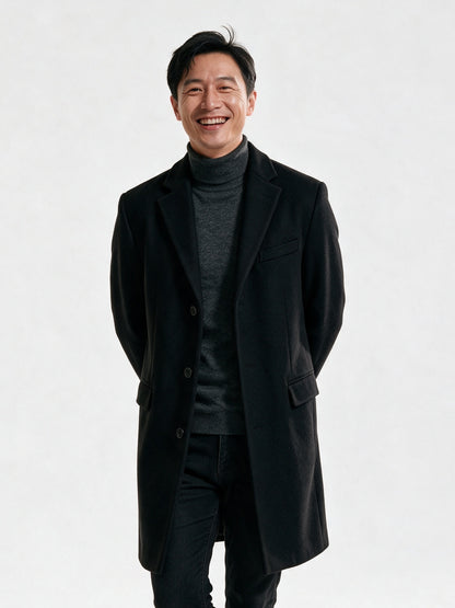 Edmund - Men's Single Breasted Notch Lapel Long Coat - Black