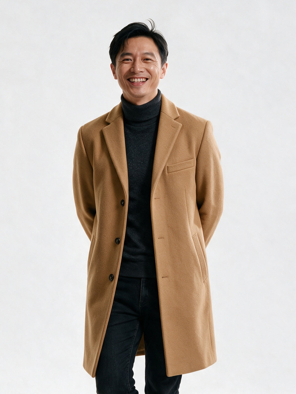 Edmund - Men's Single Breasted Notch Lapel Long Coat - Camel