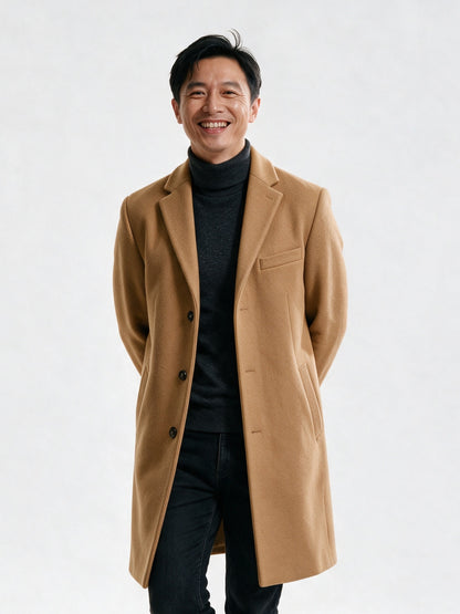 Edmund - Men's Single Breasted Notch Lapel Long Coat - Camel