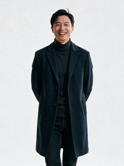 Edmund - Men's Single Breasted Notch Lapel Long Coat - Dark Navy