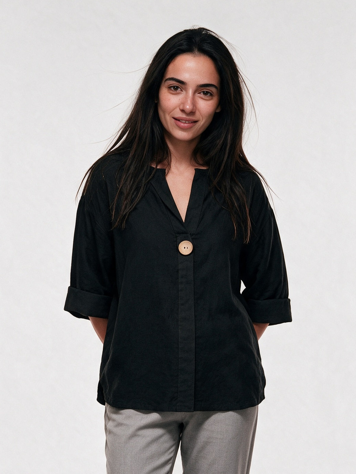 Elin - Women's Relaxed V-Neck Blouse with Single Button - Black