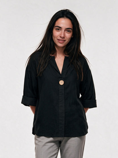 Elin - Women's Relaxed V-Neck Blouse with Single Button - Black