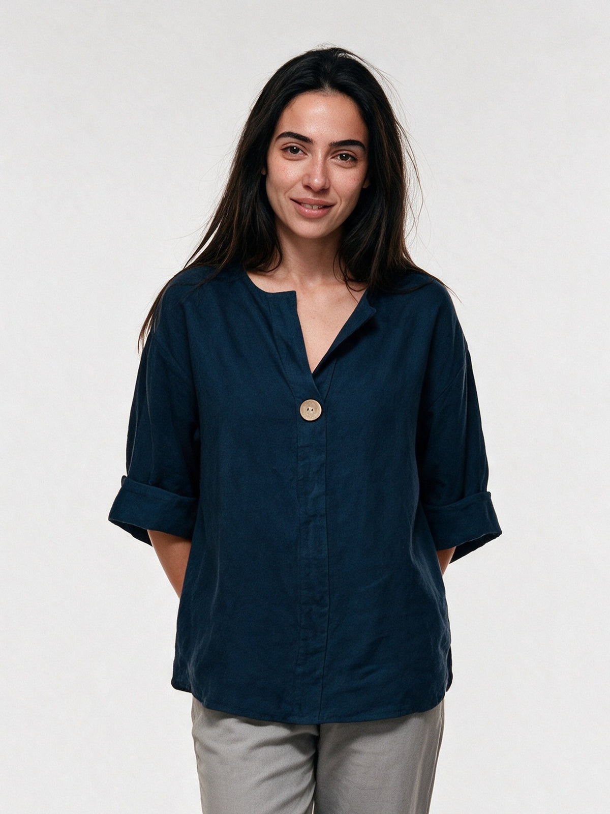 Elin - Women's Relaxed V-Neck Blouse with Single Button - Blue