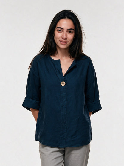 Elin - Women's Relaxed V-Neck Blouse with Single Button - Blue