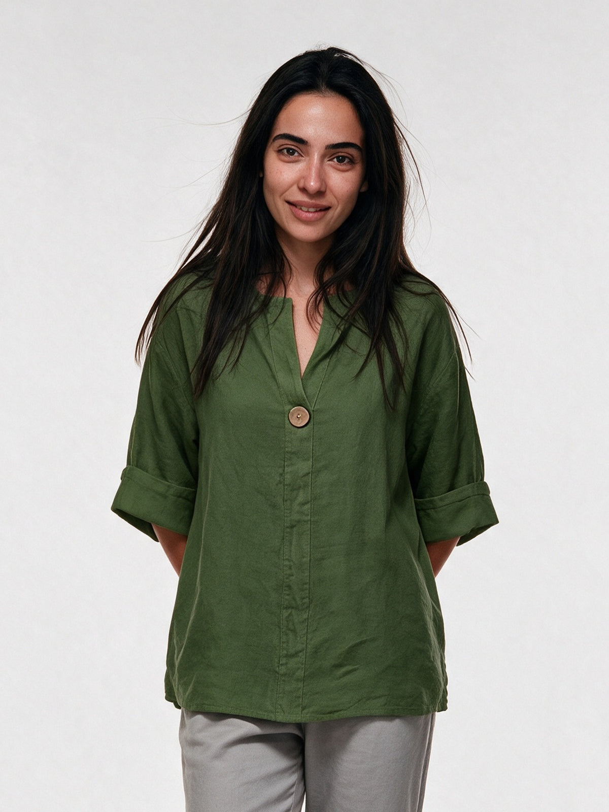 Elin - Women's Relaxed V-Neck Blouse with Single Button - Green