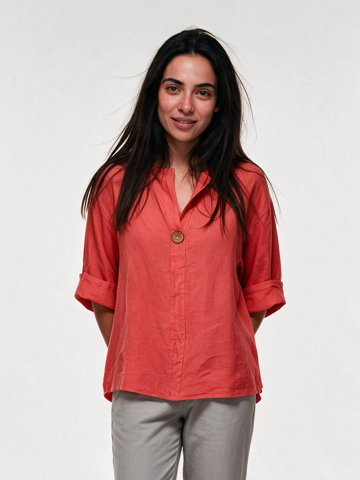 Elin - Women's Relaxed V-Neck Blouse with Single Button - Red