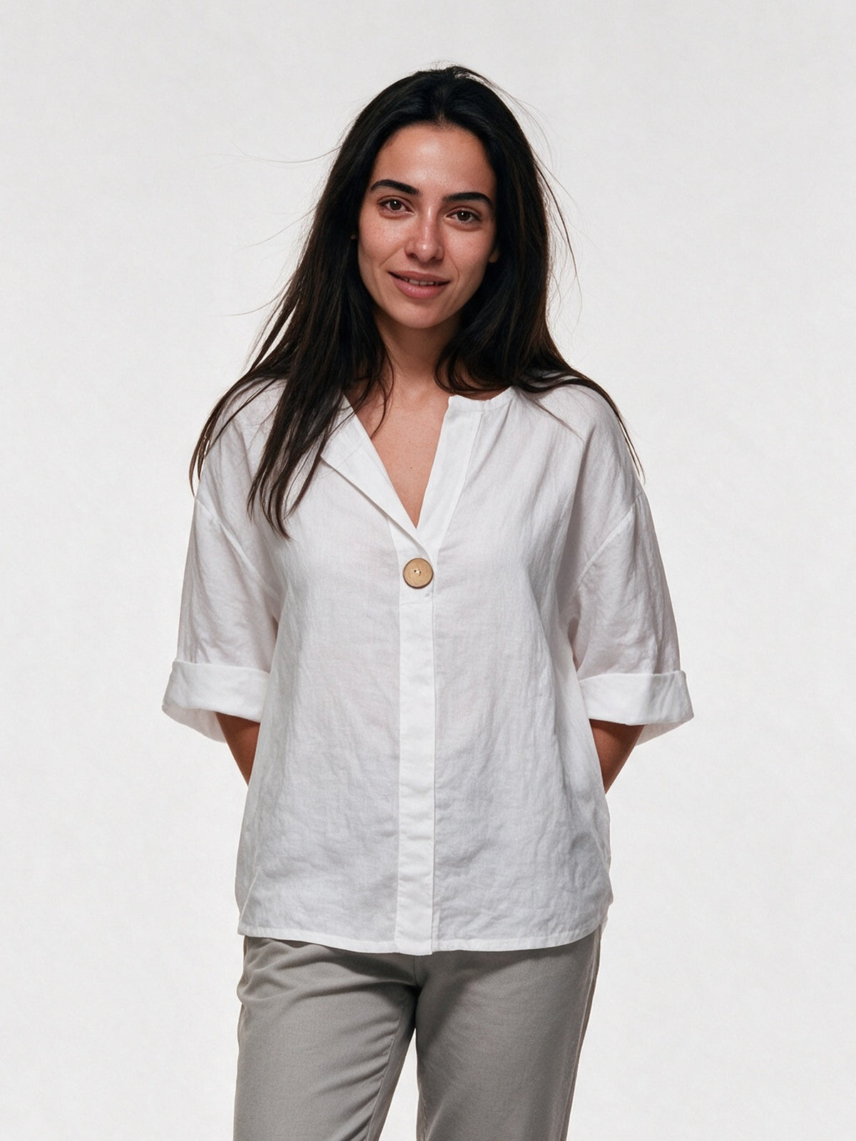 Elin - Women's Relaxed V-Neck Blouse with Single Button - White