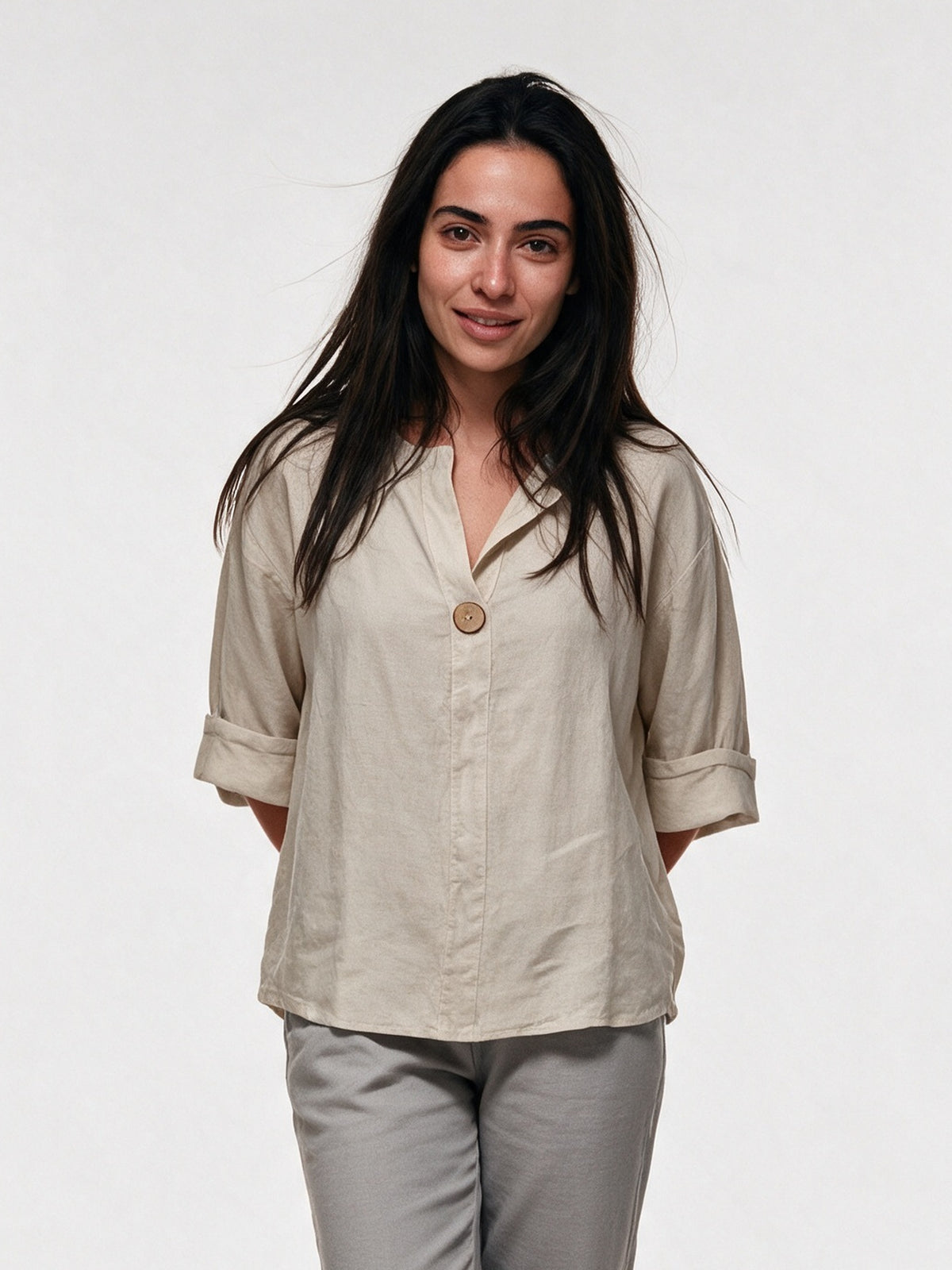 Elin - Women's Relaxed V-Neck Blouse with Single Button - view 1