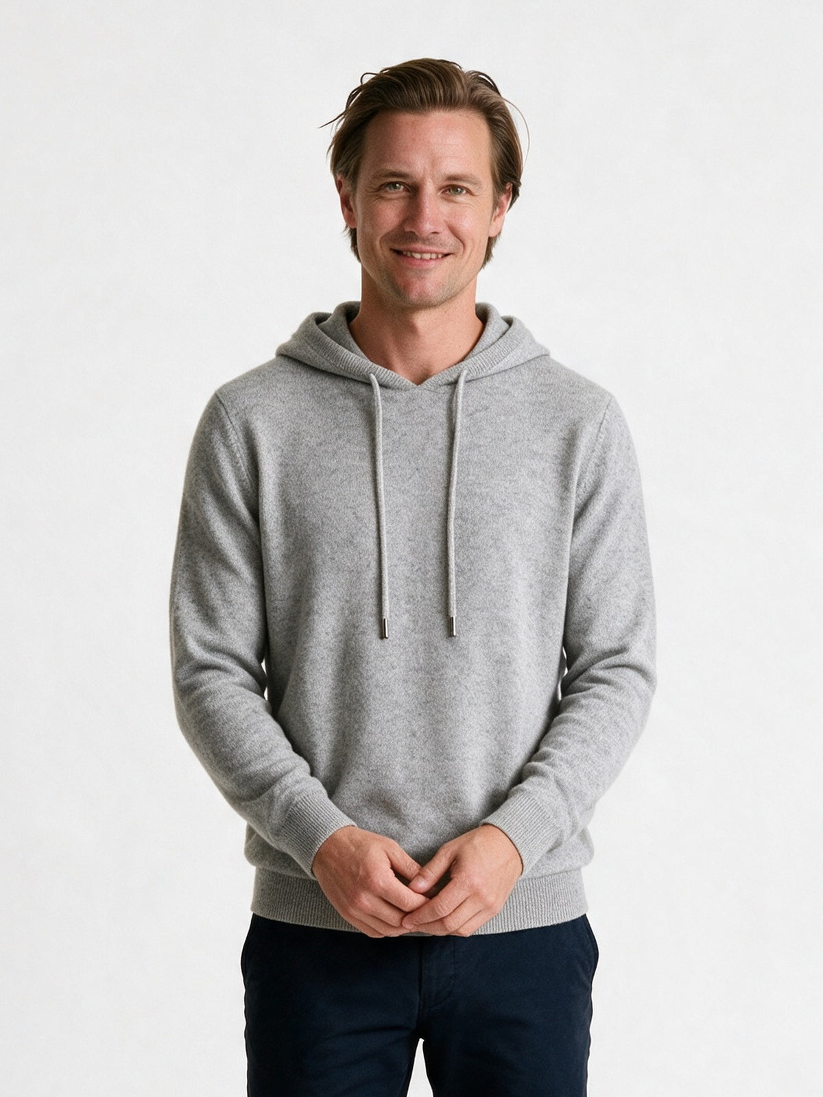 Ellis - Men's Fine Knit Pullover Hoodie - Light Grey
