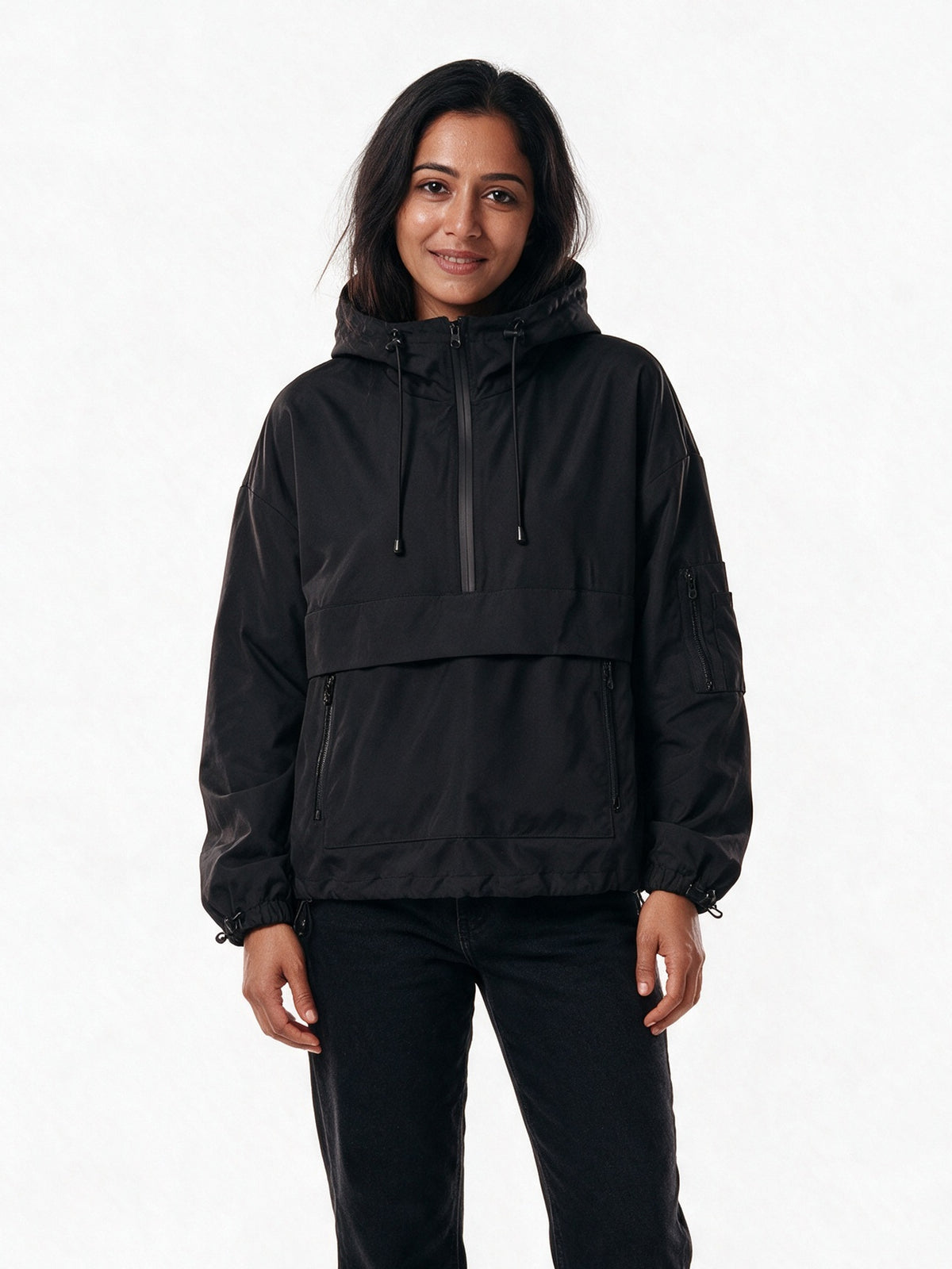 Elsa - Women's Oversized Half-Zip Hooded Anorak - Black