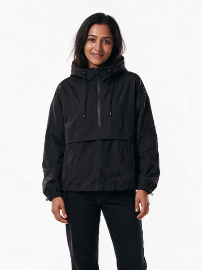 Elsa - Women's Oversized Half-Zip Hooded Anorak - Black
