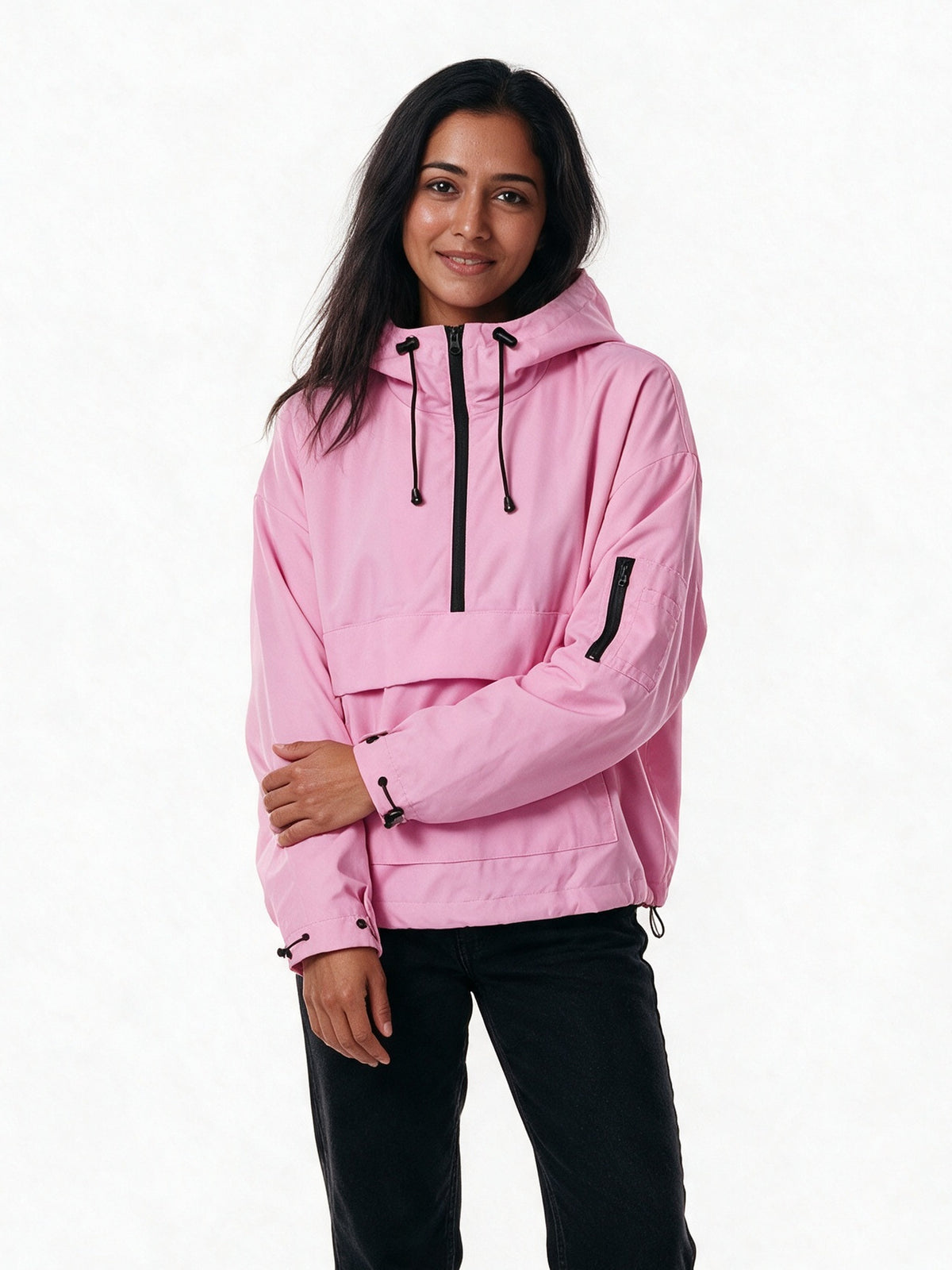 Elsa - Women's Oversized Half-Zip Hooded Anorak - Pink