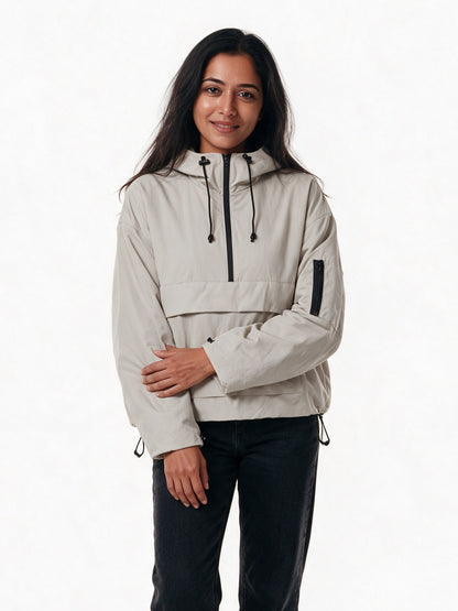 Elsa - Women's Oversized Half-Zip Hooded Anorak - Stone