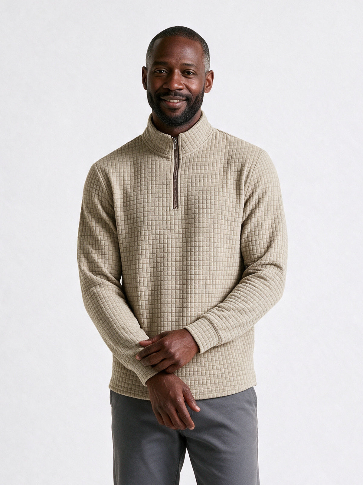 Eskil - Men's Fitted Waffle Quarter Zip Pullover - Khaki