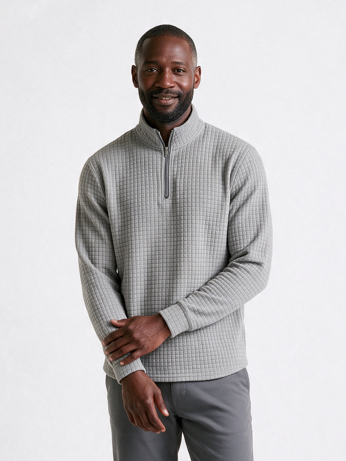 Eskil - Men's Fitted Waffle Quarter Zip Pullover - Light Grey