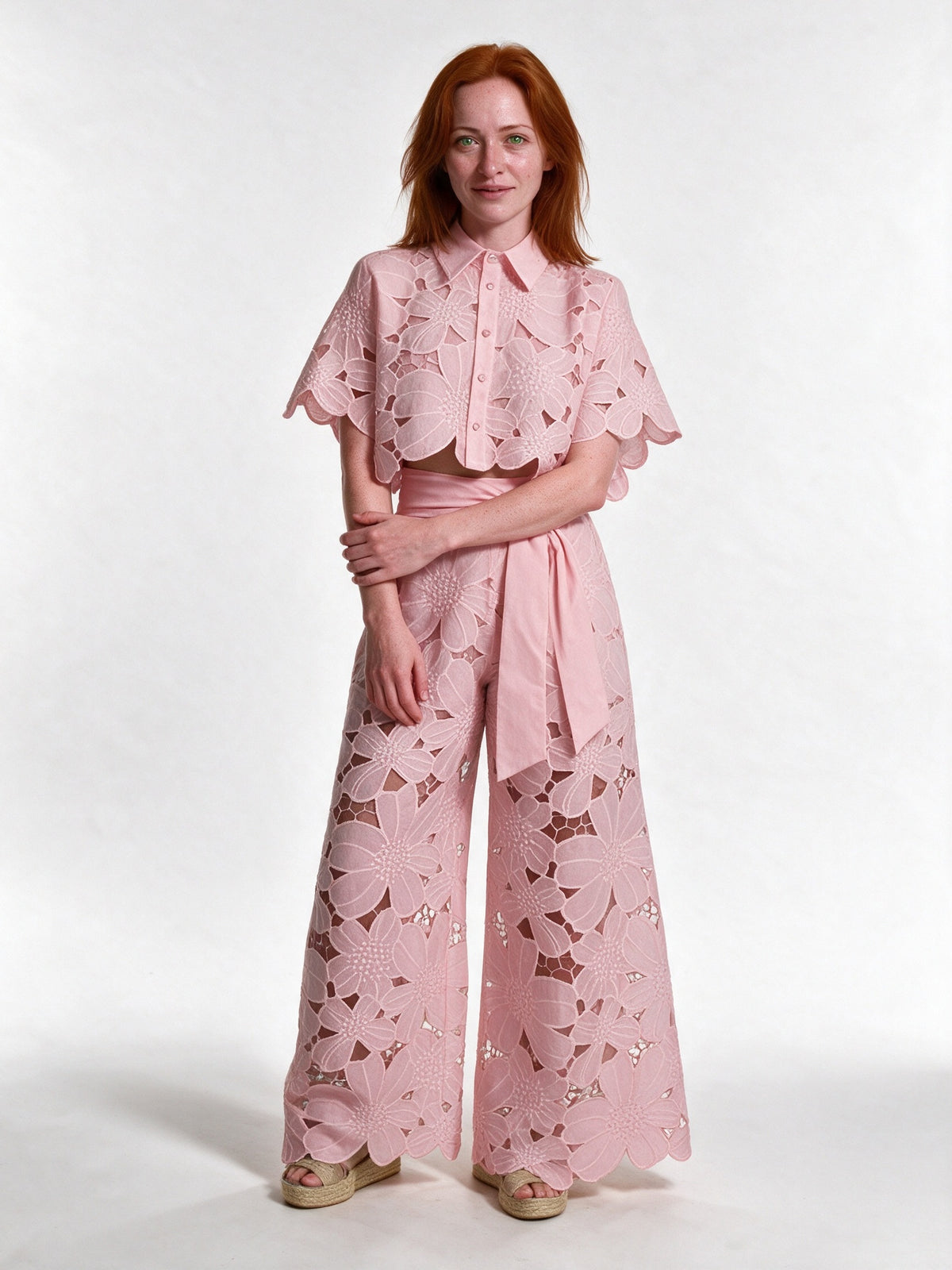 Estelle - Women's Floral Cutwork Cropped Shirt and Wide Leg Pants Set - Blush Pink