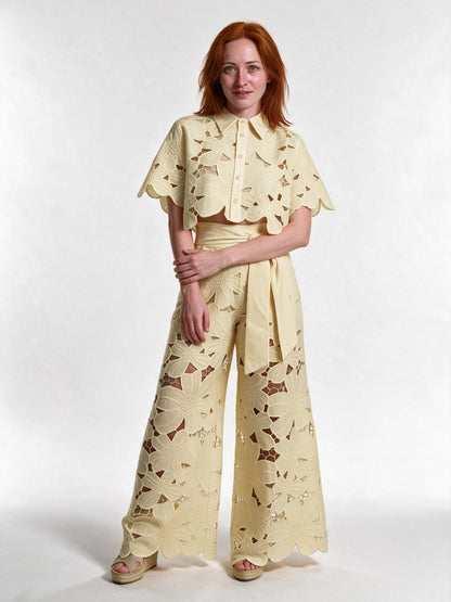 Estelle - Women's Floral Cutwork Cropped Shirt and Wide Leg Pants Set - Butter Yellow
