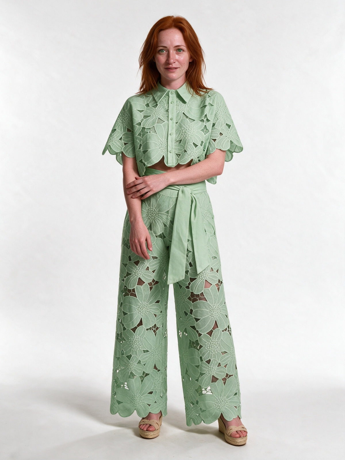 Estelle - Women's Floral Cutwork Cropped Shirt and Wide Leg Pants Set - Mint Green