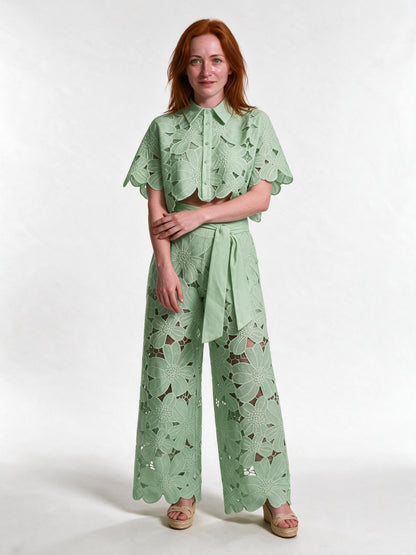 Estelle - Women's Floral Cutwork Cropped Shirt and Wide Leg Pants Set - Mint Green