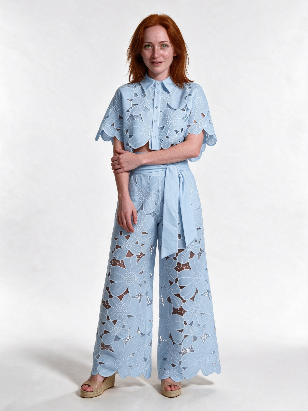 Estelle - Women's Floral Cutwork Cropped Shirt and Wide Leg Pants Set - Sky Blue